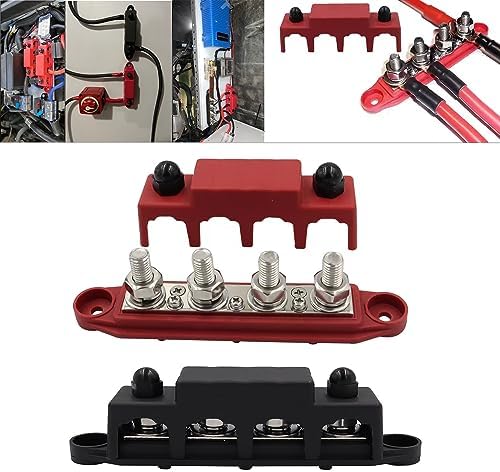 AULESSE 12V-48V DC Bus Bar Power Distribution Block 5/16" (M8) 4 Studs Heavy Duty Busbar Stud Terminal Junction Block with Cover and Ring Terminals 250 Amp for Cars RVs Ships Yachts (Red+Black)