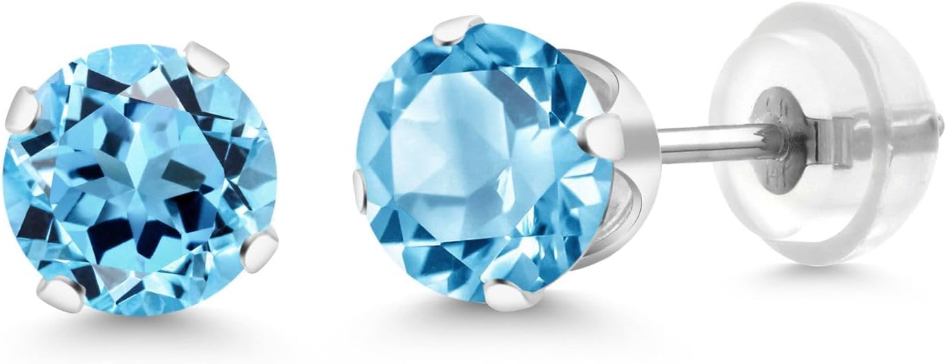 Gem Stone King 14K Gold Gemstone Birthstone Solitaire Stud Earrings | Round 6MM | Gold Earrings For Women Men