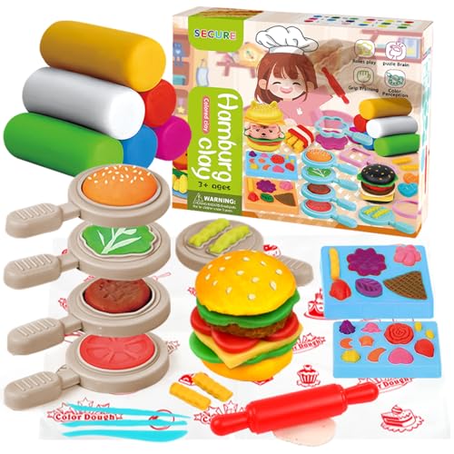 Qintora Juego de Plastilina para Niños, 21 Piezas de Moldes para Crear Hamburguesas,Accesorios de Arcilla de Modelado, Incluye 6 Cajas de Plastilina