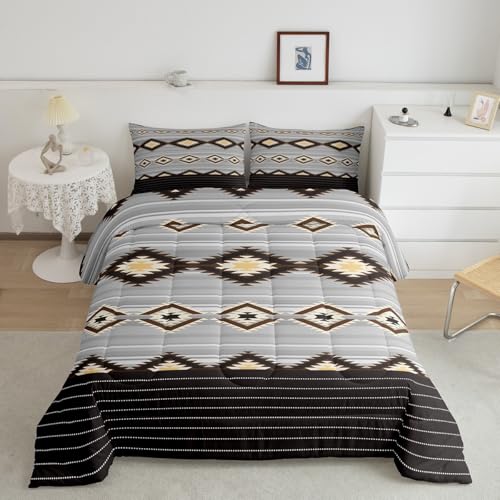 Feelyou Southwestern Bedding Set Geometric Comforter Set for Girls Room Decor Tribal Comforter Queen Native American Design Brown Duvet Set3Pcs