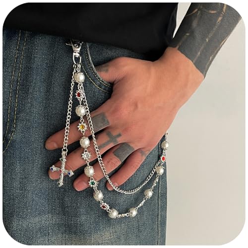 Fashion Layered Pants Wallet Chains - Exquisite Gold Silver Rhinestone Flower Pearl Jean Pocket Chain for Women Men Cute Bag Purse Charms Jewelry (link silver) - Thumbnail 3