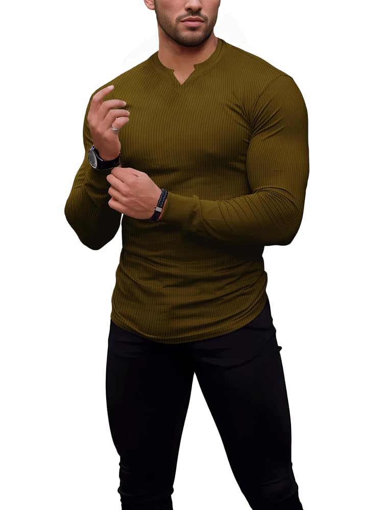 Men's Muscle Stretch Shirts Long&Short Sleeve V Neck Slim Fit Stylish T-Shirts Casual Thermal Underwear Medium 02long-brown