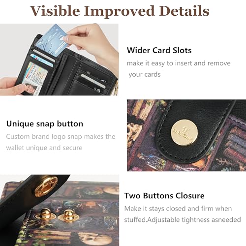 Image of Small Womens Wallet,Bifold Leather Wallet for Women RFID Card Holder Ladies Compact Pocket Wallet for Crossbody Bag (Skull Book)