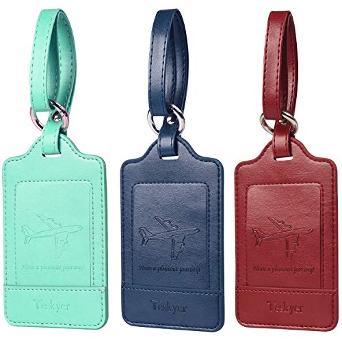 Teskyer 3 peças identificador malas de viagem, etiquetas para bagagem de couro de PU, etiquetas de bagagem com cartão de identificação de nome, notável, duradouro, Verde+azul + vinho tinto, 6,8 x
