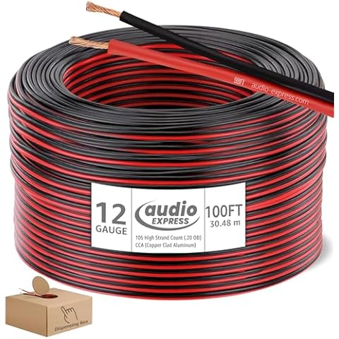 Audio Express 100ft 12-Gauge Audio Stereo Speaker Wire Cable,100 Feet,30.48 Meters,2 Conductor,Flexible Red-Black PVC, CCA, Dispensing Box,Home Theater, HiFi,Auto,Hook-Up,105 High Strand Count (.2 OD) Cover