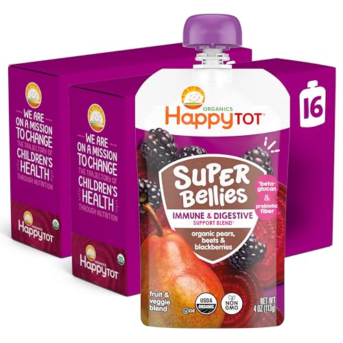 Happy Tot Organics Stage 4 Baby Food Pouches, Gluten Free, Vegan Snack, Super Bellies, Fruit &amp; Veggie Puree, Pears, Beets &amp; Blackberries 4 Ounce (Pack of 16)