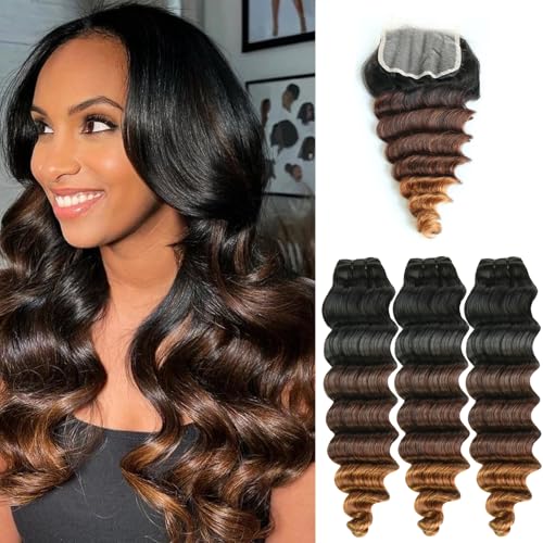 Chestnut Brown Ombre Loose Deep Wave Bundles with Closure Human