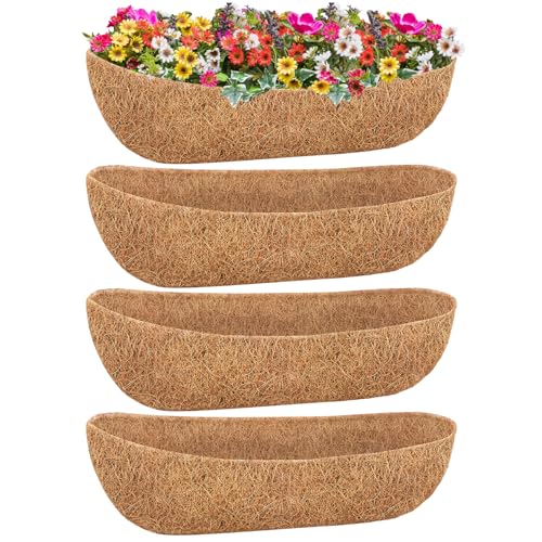 Sunwinx 4 Pack 36 Inch Trough Coconut Liners for Planters- Natural Coco Liner Window Box Liners Replacement Coconut Fiber Planter Liner for Outdoor Flower Planters Deck Railings Fence and Balcony