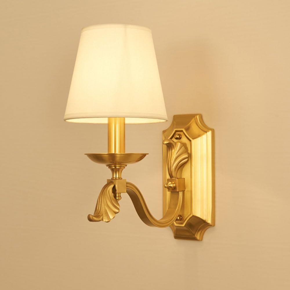 Lampada da Parete Europea E14 in Ottone, apparecchi di Illuminazione per Interni in Rame, Applique a 1 Luce con Paralume a Imbuto in Tessuto di Lino, Doppie luci per Camera da Lett