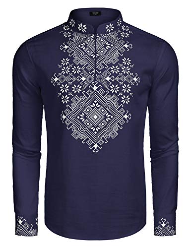 COOFANDY Men's Henley Shirt Long Sleeve Floral Print Casual Zip Up Cotton Beach Party Hippie T Shirt Blue