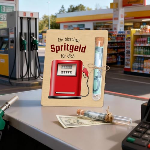 Führerschein Bestanden Geschenk, Tankgutschein 10 x 13cm mit Reagenzglas, Führerschein Geschenk aus Holz, Verpackung für Geldgeschenke Geburtstag - Geschenke zum Führerschein- 18. Geburtstag Junge