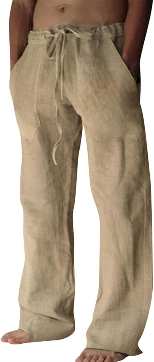 Puimentiua Cotton Linen Pants Men Casual Loose Fit Elastic Drawstring Waist Summer Beach Pants(Coffee,L) at Amazon Men’s Clothing store