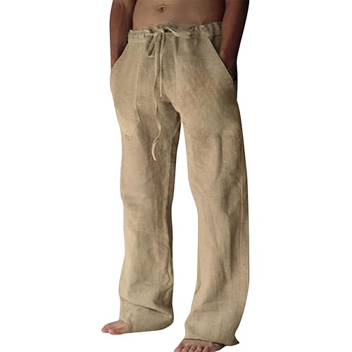 Puimentiua Cotton Linen Pants Men Casual Loose Fit Elastic Drawstring Waist Summer Beach Pants