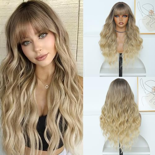 BEAUTIFA Blonde Wig for Women, Long Ombre Blonde Wavy Wig with Bangs 26 Inch Wigs Natural Looking Heat Resistant Synthetic Wig for Daily Party Use