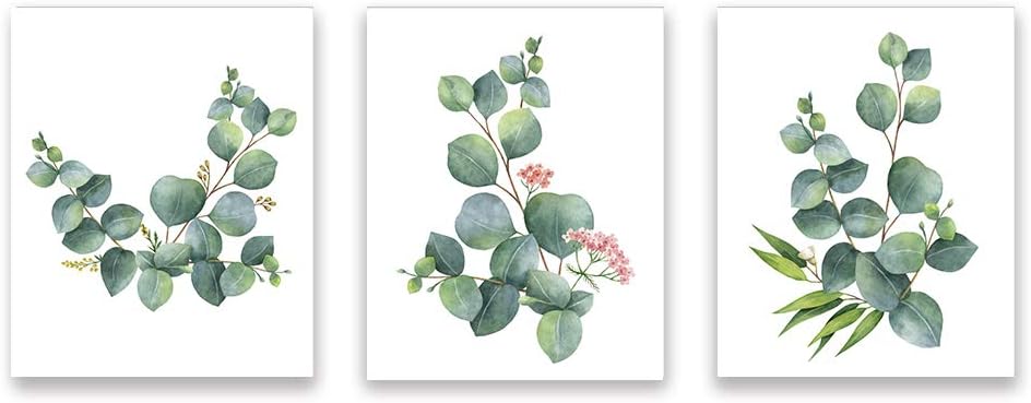 Botanical Home Art Print Flowers Wall Print Eucalyptus Leaves Art Painting Green Plant Modern Home Picture Set of 3 Unframed 8x10 Inch