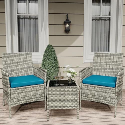 GarveeLife 3 Piece Patio Furniture Set, Rattan Outdoor Furniture with 2 Chairs & Coffee Table, Modern Outdoor Seating Conversation Bistro Set for Garden Backyard Porch (Grey and Peacock Blue