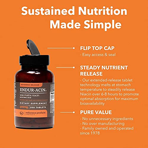Endur-Acin Niacin - Vitamin B3 Niacin 500Mg Extended Release & Low-Flush, 200 Tablets - Supports Cholesterol Balance & Heart Health - Endurance Products #TOP7