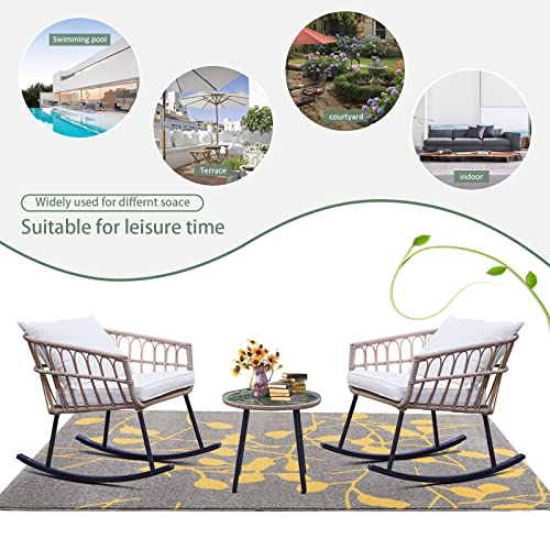 Patio Outdoor Boho Balcony Furniture Rocking Chairs Set,Wicker Rattan Small Patio Conversation Rocking Chairs And Glass Table,3 Piece Chat Set With Waterproof Cushions #TOP3