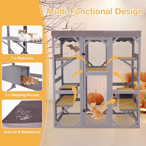 Wooden Catio Outdoor Cat Enclosure,Large Luxury Kitty-House with 7 Jumping Platforms & Weatherproof Asphalt Roof,Walk-in Kitty Kennel Condo Shelter and 2 Napping Houses (Grey, Large)