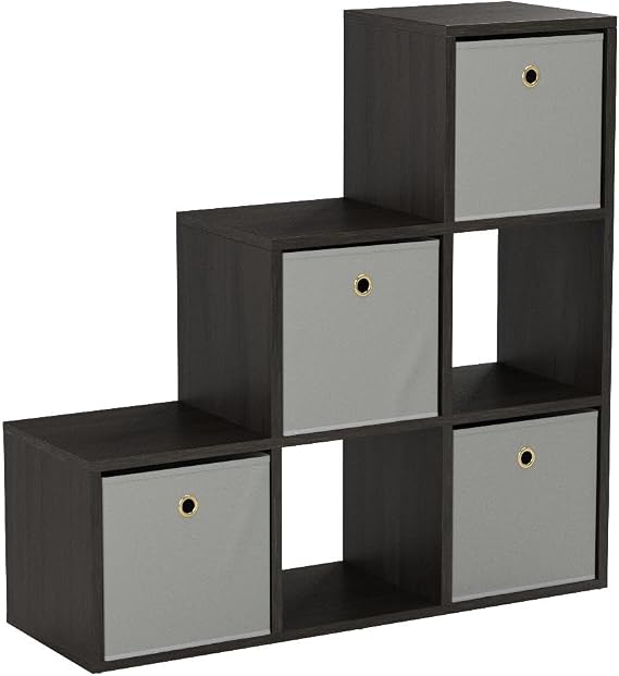 Home Source Step Style Storage 6 Cube Bookcase Wooden Display Staircase, Black