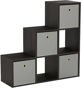 Home Source Step Style Storage 6 Cube Bookcase Wooden Display Staircase, Black