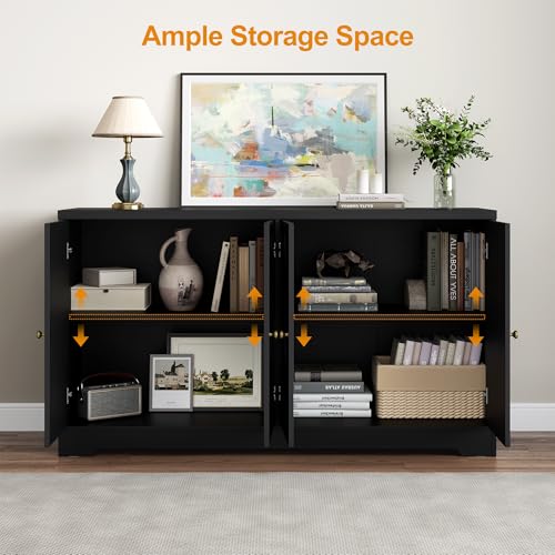 RoyalCraft Sideboard Buffet Cabinet, 56\" Modern Credenza with 4 Doors and Adjustable Shelves, Wood Accent Cabinet Console Media for Entryway, Living Room, Kitchen, Satin Black