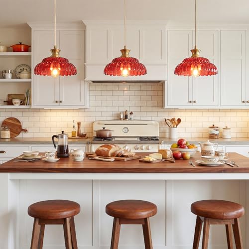 Mgcanyu Red Glass Pendant Light, 11.8" Vintage Pendant Lighting Brushed Gold Glass Light Fixtures Red Chandelier Modern Hanging Ceiling for Dining Room Kitchen Island Sink Bedroom Foyer Entryway by Mgcanyu - Image 3