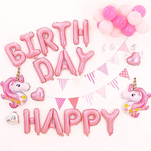 53 Pcs Hanging Happy Birthday party Balloonsï¼Œpink Unicorn birthday theme balloon setï¼ŒEco-friendly Foil balloons for All Ages girl&boy Birthday party decorations (pink)