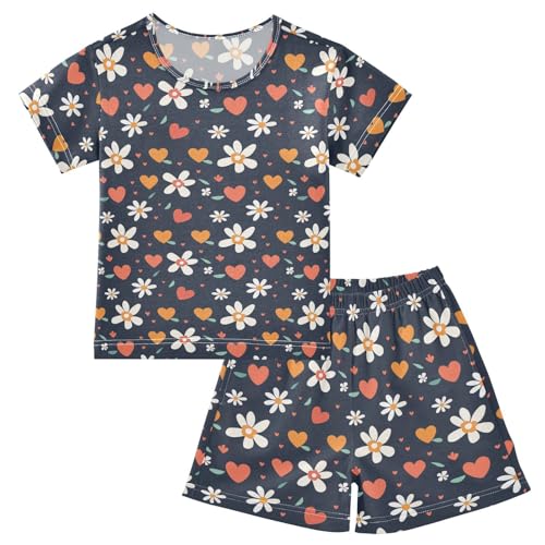 ALAZA Daisy Flowers Hearts Pajama Set Short Sleeve Sleepwear Soft Lounge Nightwear