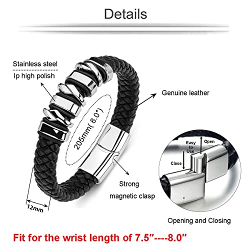 Zimojie Mens Black Genuine Leather Bracelet For Men Boys Stainless Steel Magnetic Clasp Personality Bracelets For Husband Boyfriend Dad Gifts #TOP5