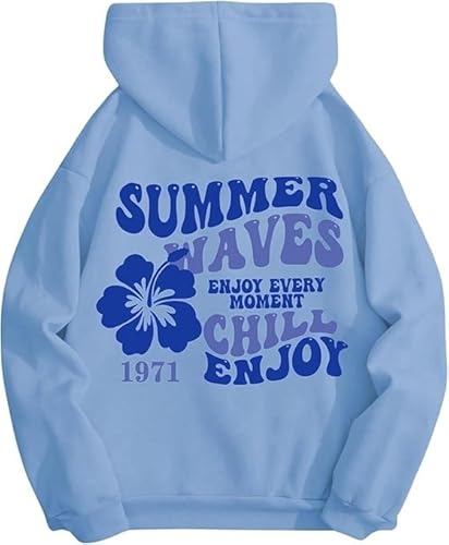 QJQ Women's Letter Graphic Drawstring Hoodie Flower Palm Beach Fleece Sweatshirt Casual Long Sleeve Thermal Pullovers Top Blue Small