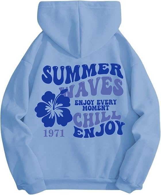 QJQ Women's Letter Graphic Drawstring Hoodie Flower Palm Beach Fleece Sweatshirt Casual Long Sleeve Thermal Pullovers Top Blue Large