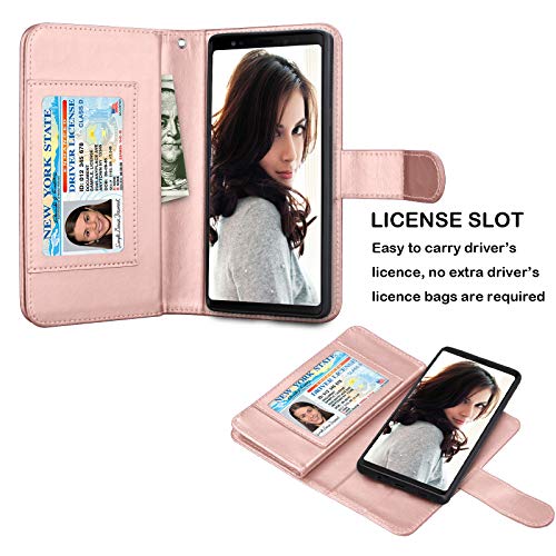 Njjex For Galaxy Note 9 Wallet Case, For Note 9 Case, Luxury Pu Leather [9 Card Slots] Id Credit Folio Flip Cover [Detachable][Kickstand] Magnetic Phone Case & Wrist Strap For Samsung Note 9 -Rosegold #TOP2