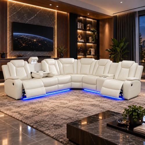 Dilcanor 6-Seater Power Reclining Sectional Sofa Set, 3-Piece Curved Leather Recliner Couch with LED Lights, USB Ports, Cup Holders, Storage & Pull-Down Table, Cream White