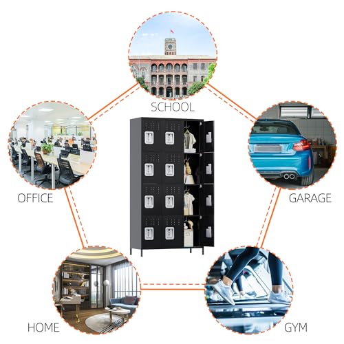 Image of Aobabo 12 Doors Metal Storage Locker for Employees, Storage Locker with 12 Hooks for Garage School Office Gym, Black, Assembly Required