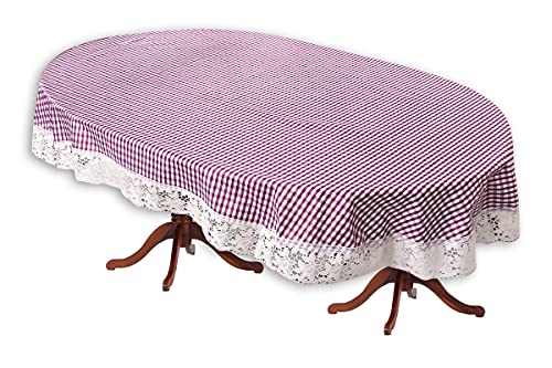 Image of The Furnishing Tree Waterproof PVC Oval Shaped 8 to 10 Seater Table Cover WxL 60x108 inches Pin Check Pattern Voilet with White Border lace