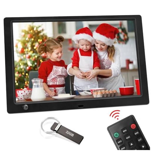 Digitaler Bilderrahmen 10.1 Zoll Bewegungssensor - 1920x1080P IPS-Display Elektronischer Fotorahmen mit 32G USB Stick, Foto/Musik/Video-Player/Uhr/Kalender/Wecker, Automatisch EIN/Aus, Fernbedienung