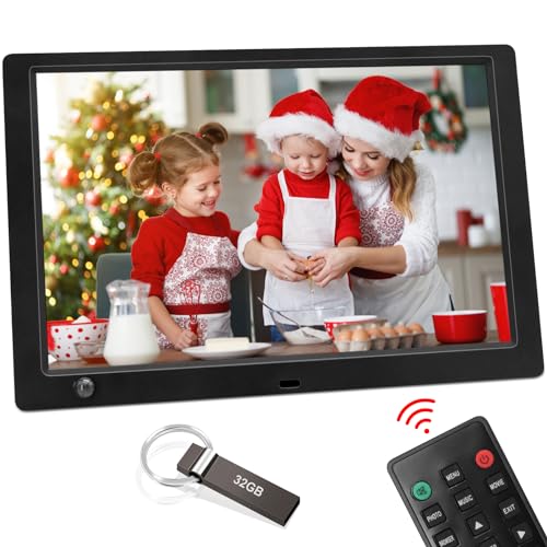 Digitaler Bilderrahmen 10.1 Zoll Bewegungssensor - 1920x1080P IPS-Display Elektronischer Fotorahmen mit 32G USB Stick, Foto/Musik/Video-Player/Uhr/Kalender/Wecker, Automatisch EIN/Aus, Fernbedienung