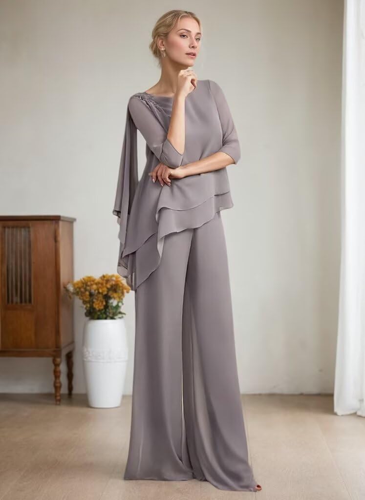 3/4 Sleeves Mother of The Bride Pant Suits for Wedding Lace Appliques Chiffon Long Formal Outfit Sets