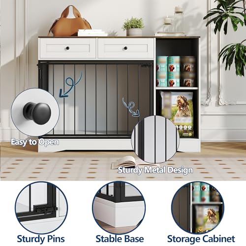 Hundekäfig Möbel, Hundebox 120 x 60 x 86cm für Zuhause mit 2 Türen, 2 Schubladen & Stauraum, Moderne Hundebox Holz, Beistelltisch, für Kleine und Mittelgroße Hunde, Hundekäfig Indoor, Weiß