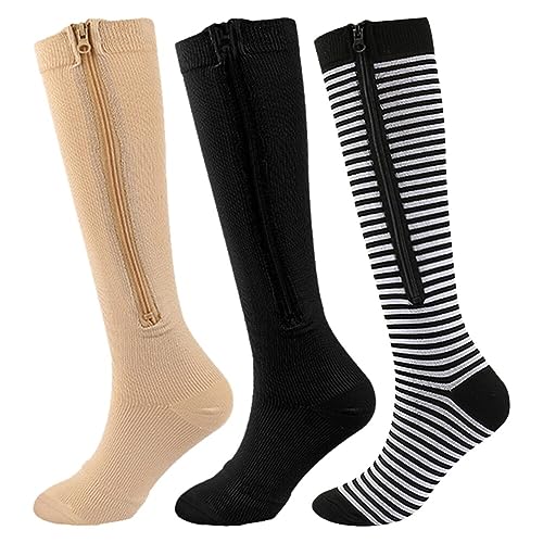 PHEZEN Zipper Compression Socks,3 Pairs 15-20 mmHg Closed Toe Compression Stockings for Men Women Running Nurse Athletic, XXL