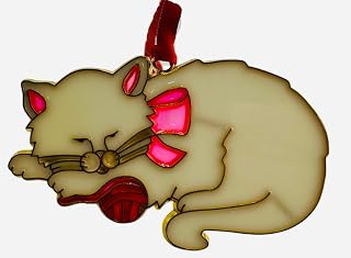Cat Christmas Ornament with Pink Bow and Yarn Ball Sleeping Pet Holiday Home Decoration