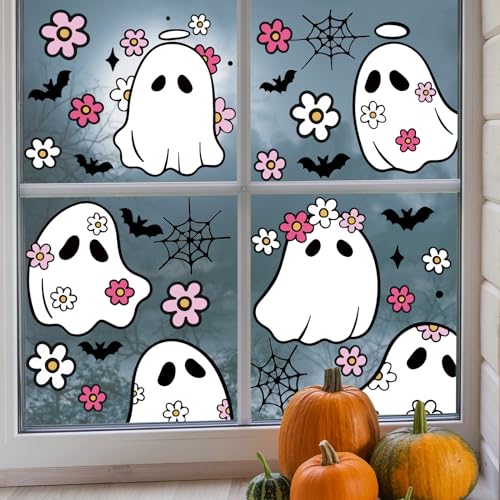 JarThenaAMCS 84Pcs Halloween Window Clings Floral Ghost Window Stickers Cute Double-Side Glass Decals for Home Party Favor Supplies, 7.9 x 11.8 Inch, 9 Sheets