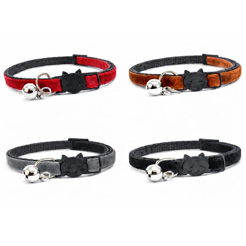 Velvet Cat Collars with Bell. Safe Quick Release Breakaway Buckle | Zacal Cat Collars (Pack of 3) (Dark Grey + Brown + Black + Red, Pack of 4)