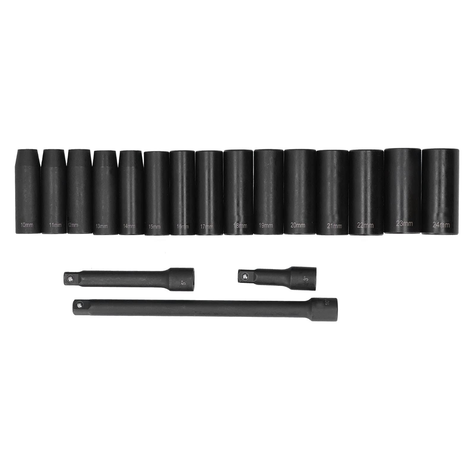 Ejoyous Juego de Llaves de Vaso de Impacto Profundo de 1,2 Pulgadas Juego de Llaves de Vaso de Impacto de Acero CR V, 18 Piezas de 10 Mm a 24 Mm, Métrico de 6 Puntos con 3 Extensiones para Mecánica de
