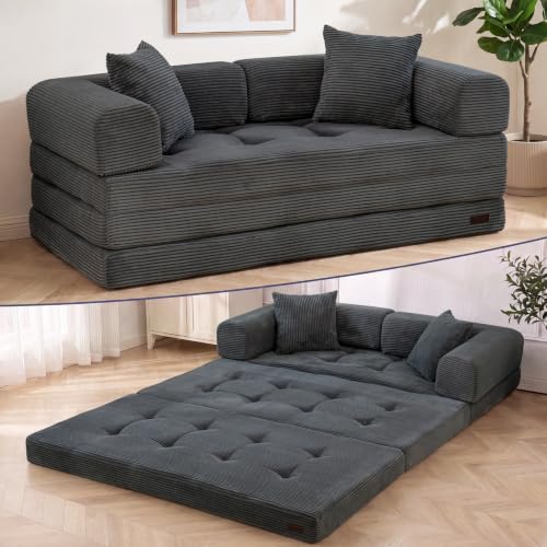 MAXYOYO dark grey corduroy convertible sofa bed with L-shaped backrest — the pick with published back support