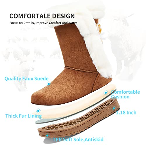 Obtaom Women’s Winter Snow Boots Fur Lined Short Mid Calf Fashion Boot Art Resin Button Faux Suede Boots(Hickory Us08) #TOP3