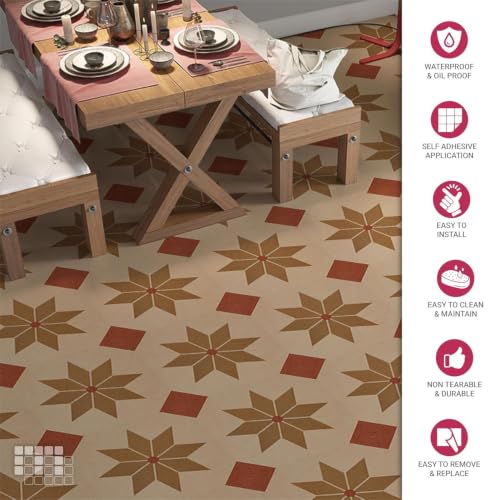 Image of Moroccan Tile Stickers | Waterproof Self Adhesive Peel & Stick Tile Decals for Kitchen Backsplash, Bathroom Wall, Floor, Furniture & Glass (4x4 Inch, Design 15, 36 Pic)