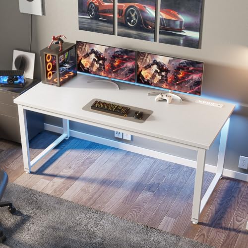 Huuger 55 x 24 inch Desk with Power Outlets & USB-C, Deeper & Thicker Desktop, Robust Metal Tubes, Computer Desk, Heavy Duty Office Desk, Work Gaming Desk for Home Office, White