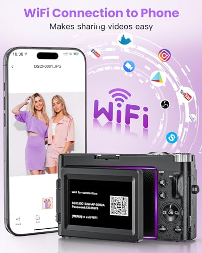 Appareil photo numérique 4K 64MP avec WiFi, zoom numérique 16x, écran rabattable à 180° et autofocus – Caméra de vlogging pour selfies, caméra WiFi compacte avec carte de 32 Go et 2 batteries, idéal – Image 3